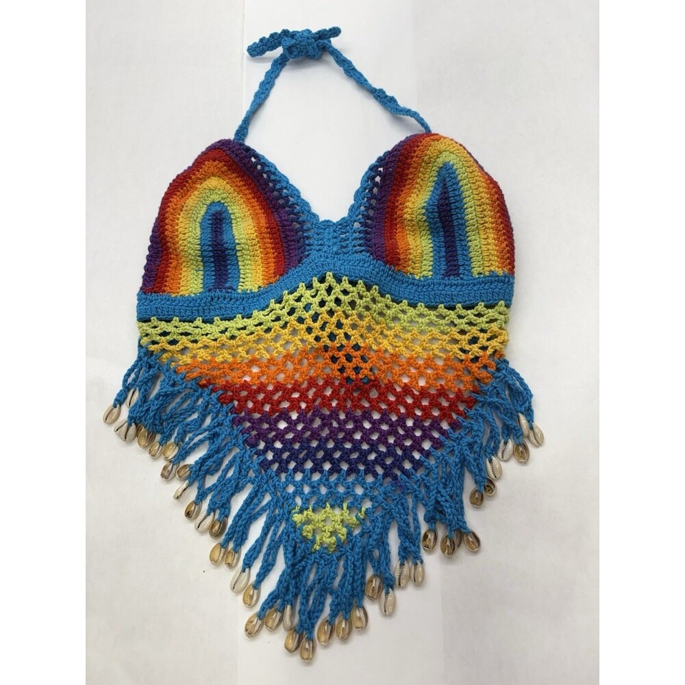 Island Planet Bali Crochet Halter Top Womens Rainbow Shell Fringe Boho Festival